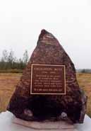 Creighton cairn.  It reads: "Creighton Mine 1900 - 1988.  Dedicated to the people of Creighton Mine who formed a community of love, labour and loyalty amongst these rocky hills. It is the spirit that lives on."  Photo courtesy of the Greater Sudbury Historical Database. 