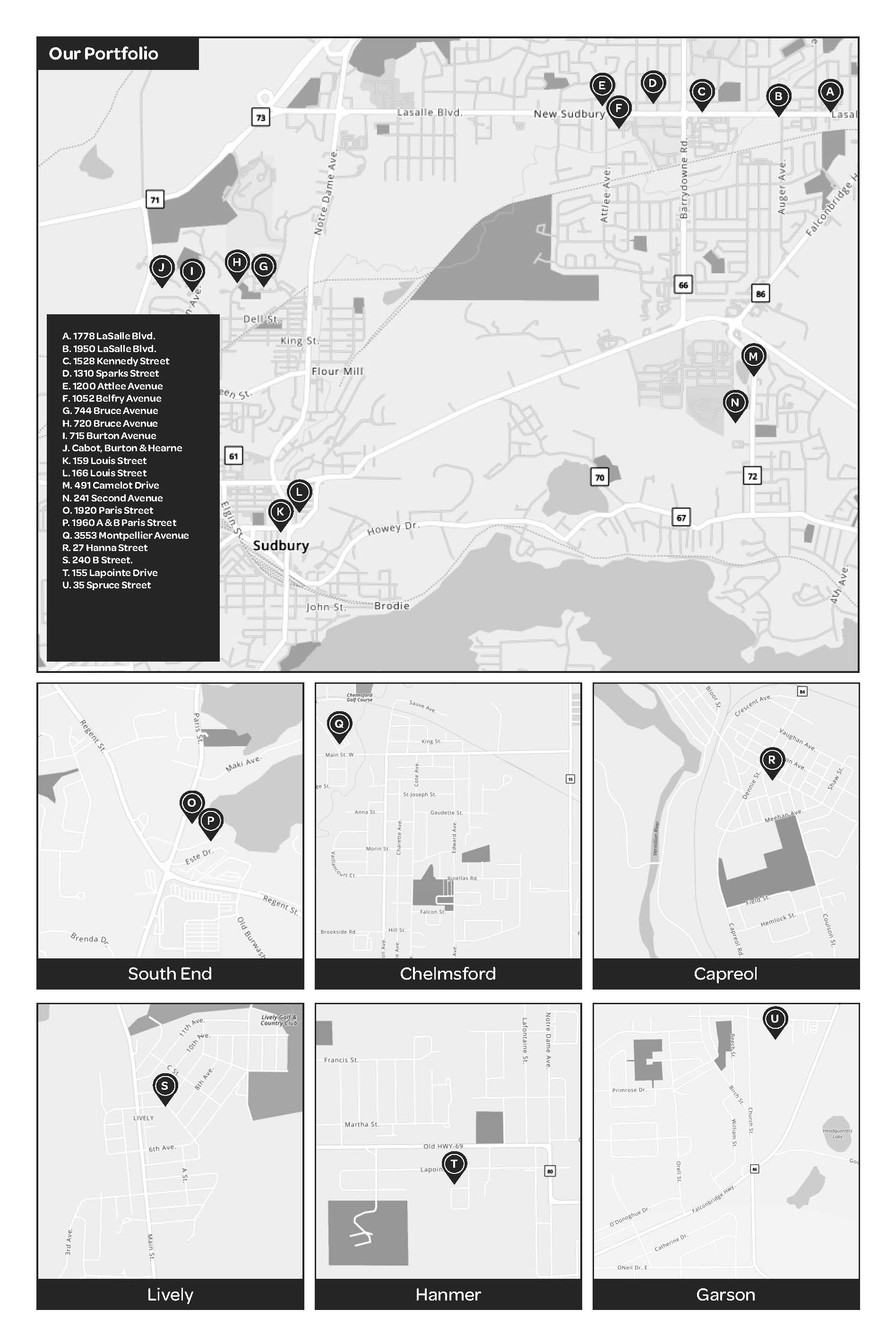 Locations of all Greater Sudbury Housing Corporation properties, shown on maps