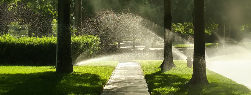 A sidewalk shaded by trees, with grass watered by sprinklers.