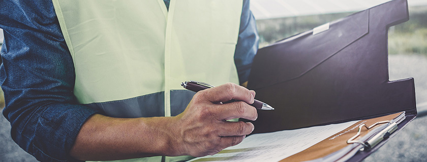 An inspector recording observations in a notebook.