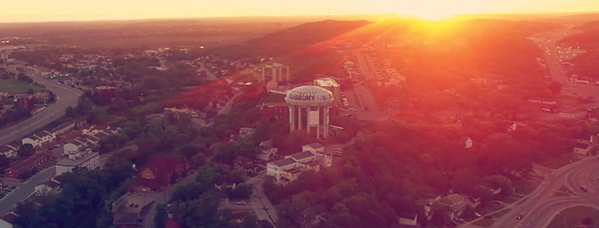 Aerial view of Sudbury water tower and surrounding area.