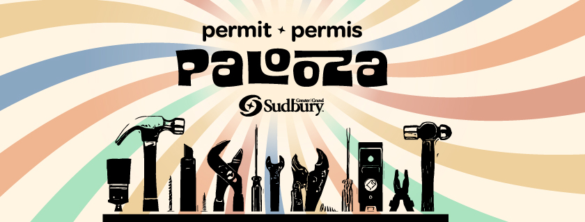 image with swirling background, featuring blue, yellow, green, red, orange stripes with tools bordering the bottom of the image and the event name 