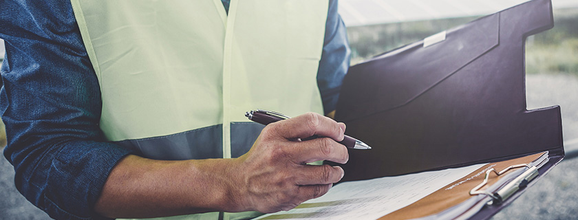An inspector recording observations in a notebook.