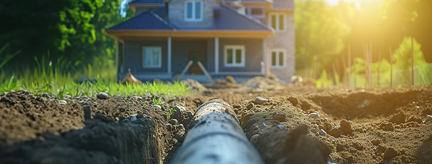 A lead water service line leading into the front yard of a home