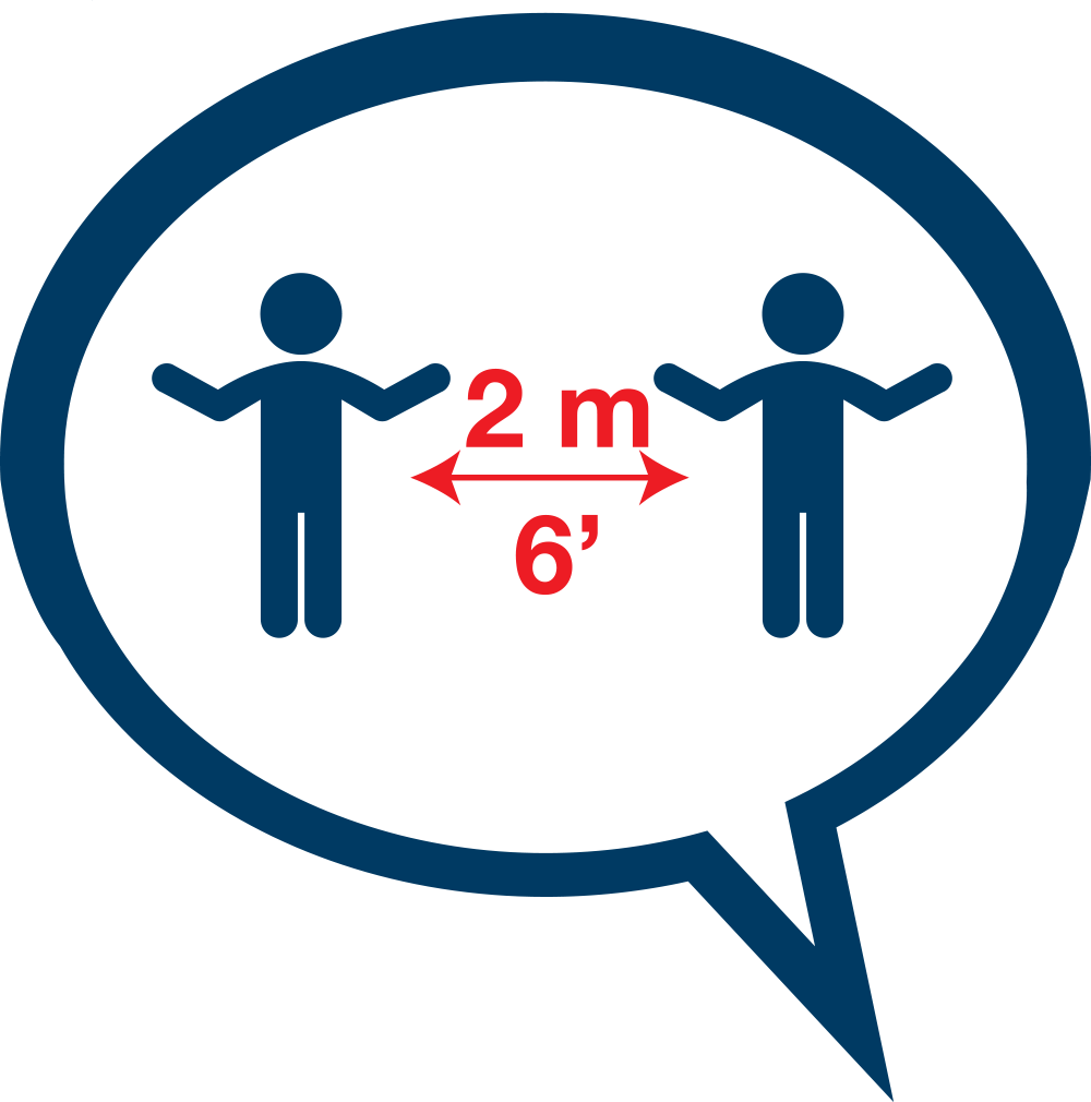 icon of two people separated by 2 metres, or 6 feet of space, inside a speech bubble