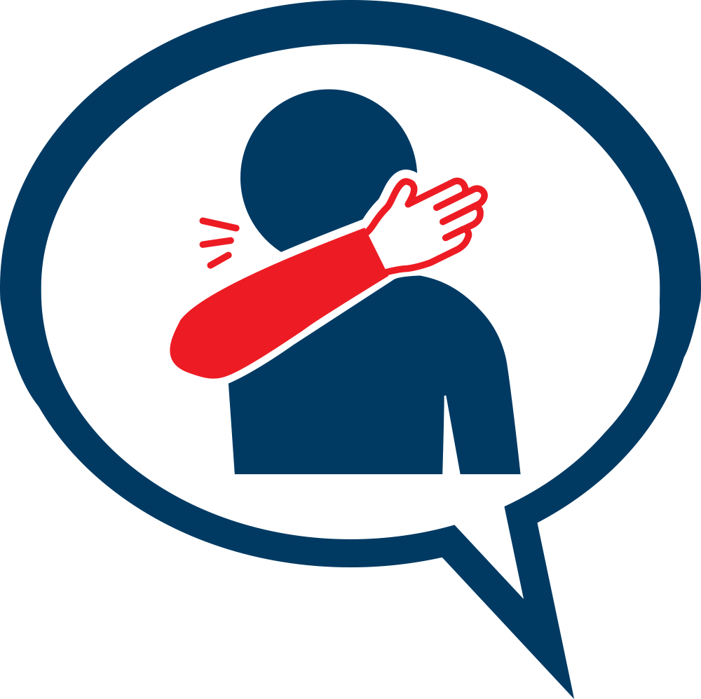 icon image of a person covering a cough with their arm, inside a speech bubble